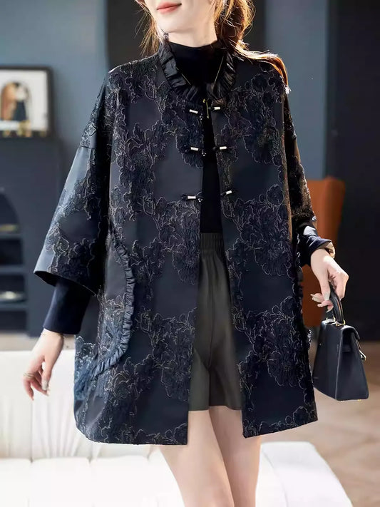 Batwing Sleeve Metallic Thread Jacquard Coat