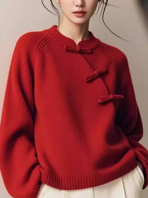 2026 Year of the Horse Red Mandarin Collar Frog Button New Chinese Sweater