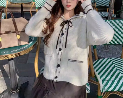 Plus Size Sailor Collar Bow Tie Knit Cardigan