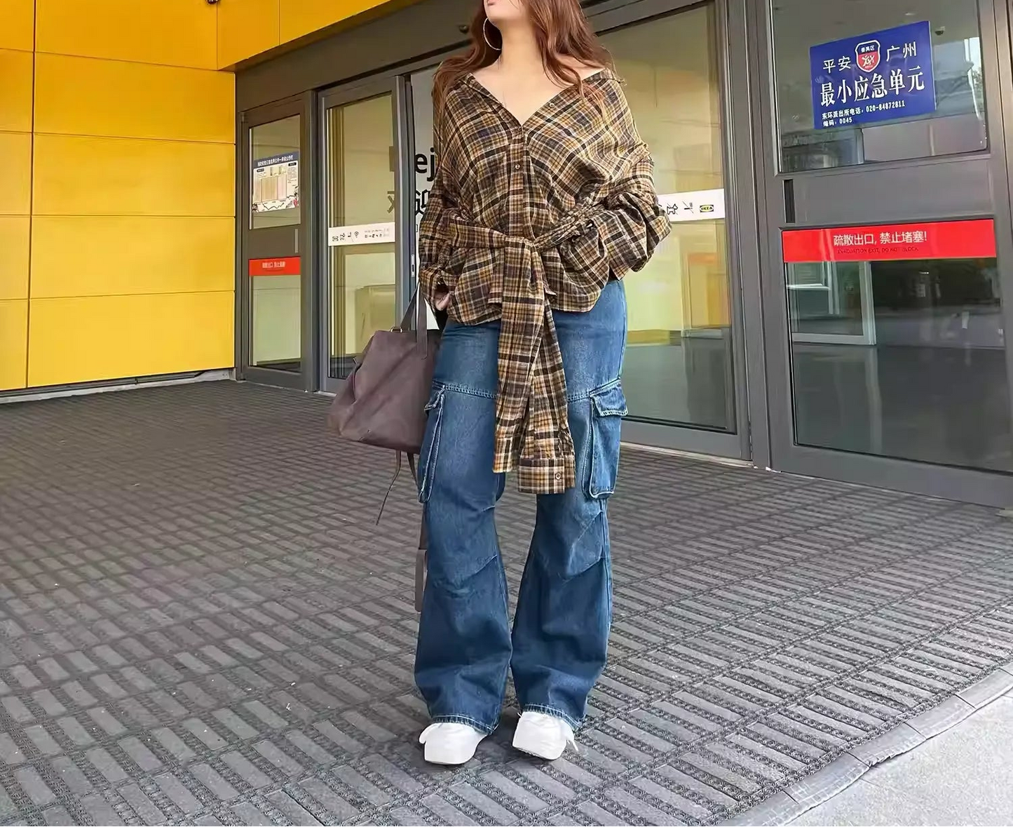 Plus Size Plaid Tie Front Long Sleeve Shirt