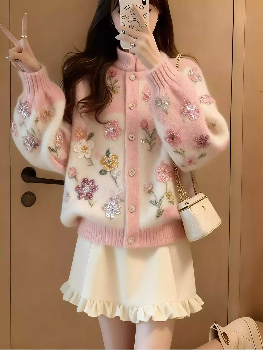 Floral print lamb wool cardigan pink two-piece set