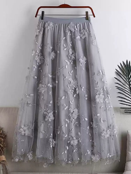 Layered Mesh Tulle Full Flare Skirt with 3D Embroidery
