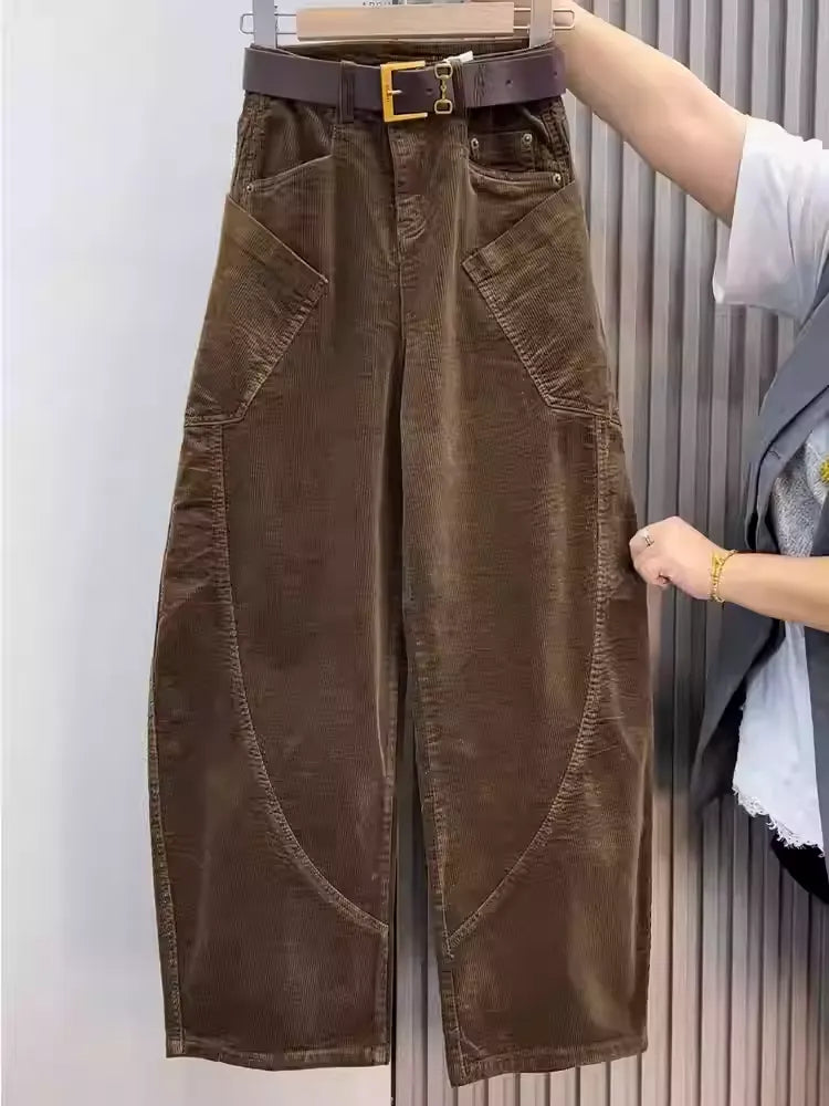 High Waisted Corduroy Curved Straight Leg Pants