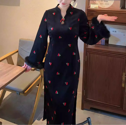 Plus Size Black Embroidered New Chinese Style Elegant Dress