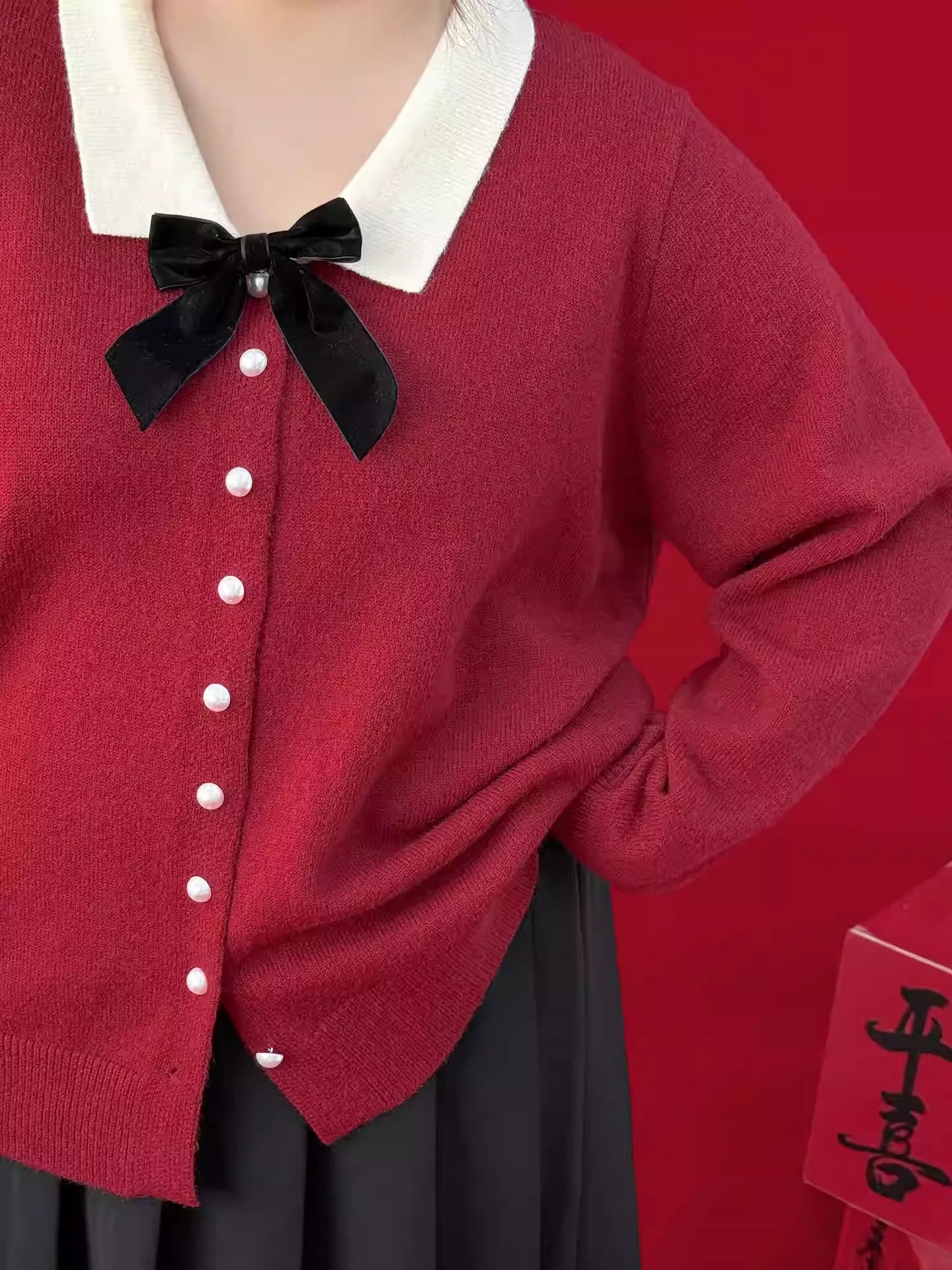 Plus Size Spring Contrast Color Lapel Bow Knot Red Knit Top