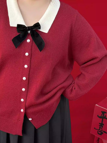 Plus Size Spring Contrast Color Lapel Bow Knot Red Knit Top