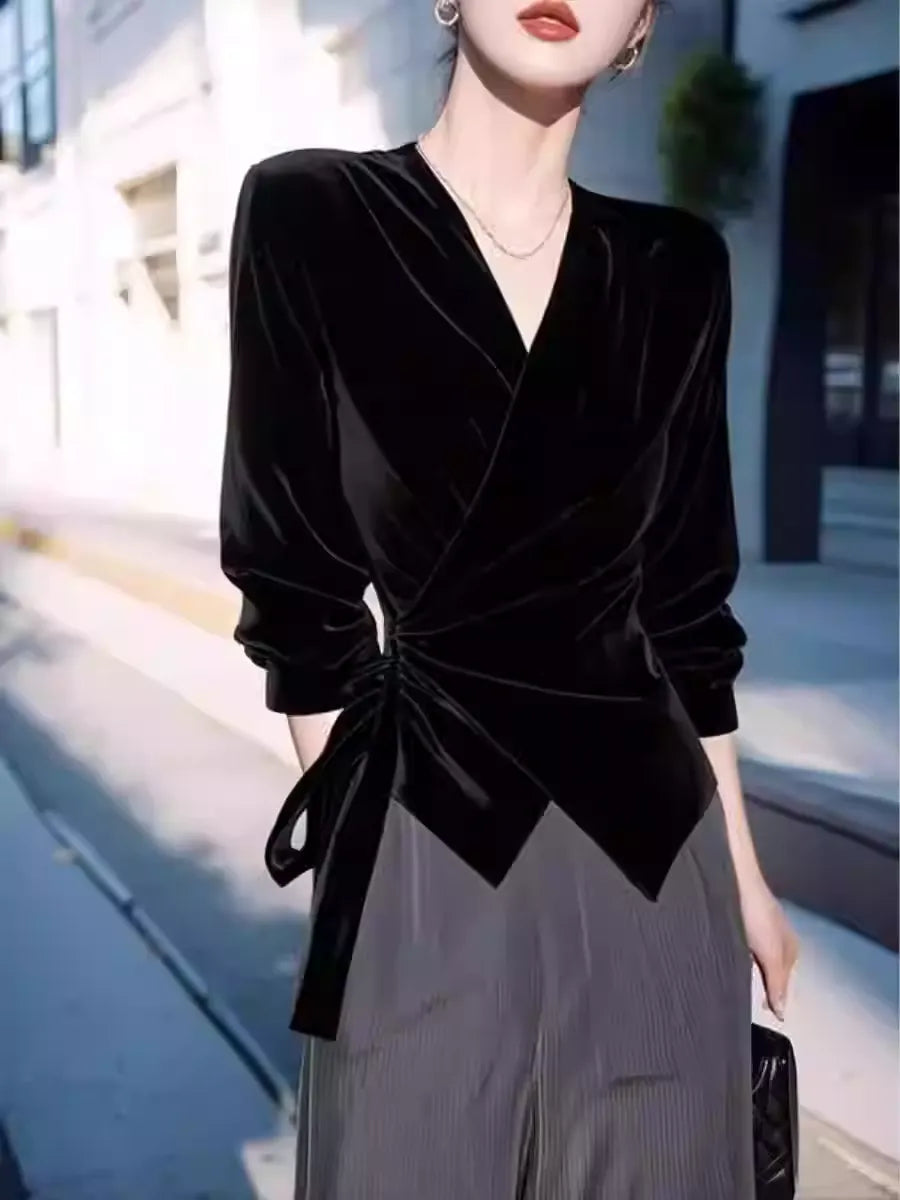 Women's Black Velvet V-Neck Long Sleeve Blouse Versatile Casual Office Top