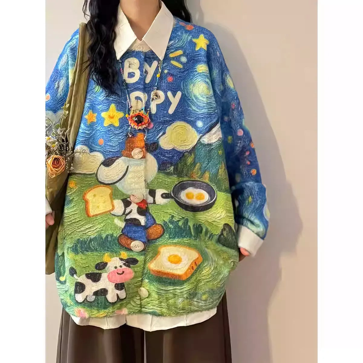 Women's Artistic Starry Sky Oil Painting Playful Print Cardigan Jacket New Arrival