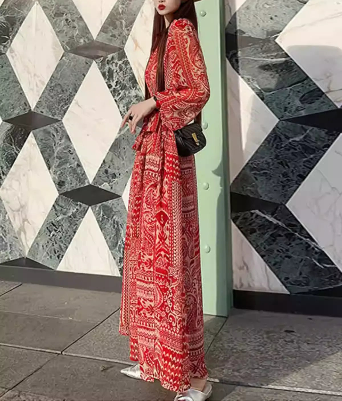 Plus Size V-Neck Wrap Tie Waist Slim Fit Dress