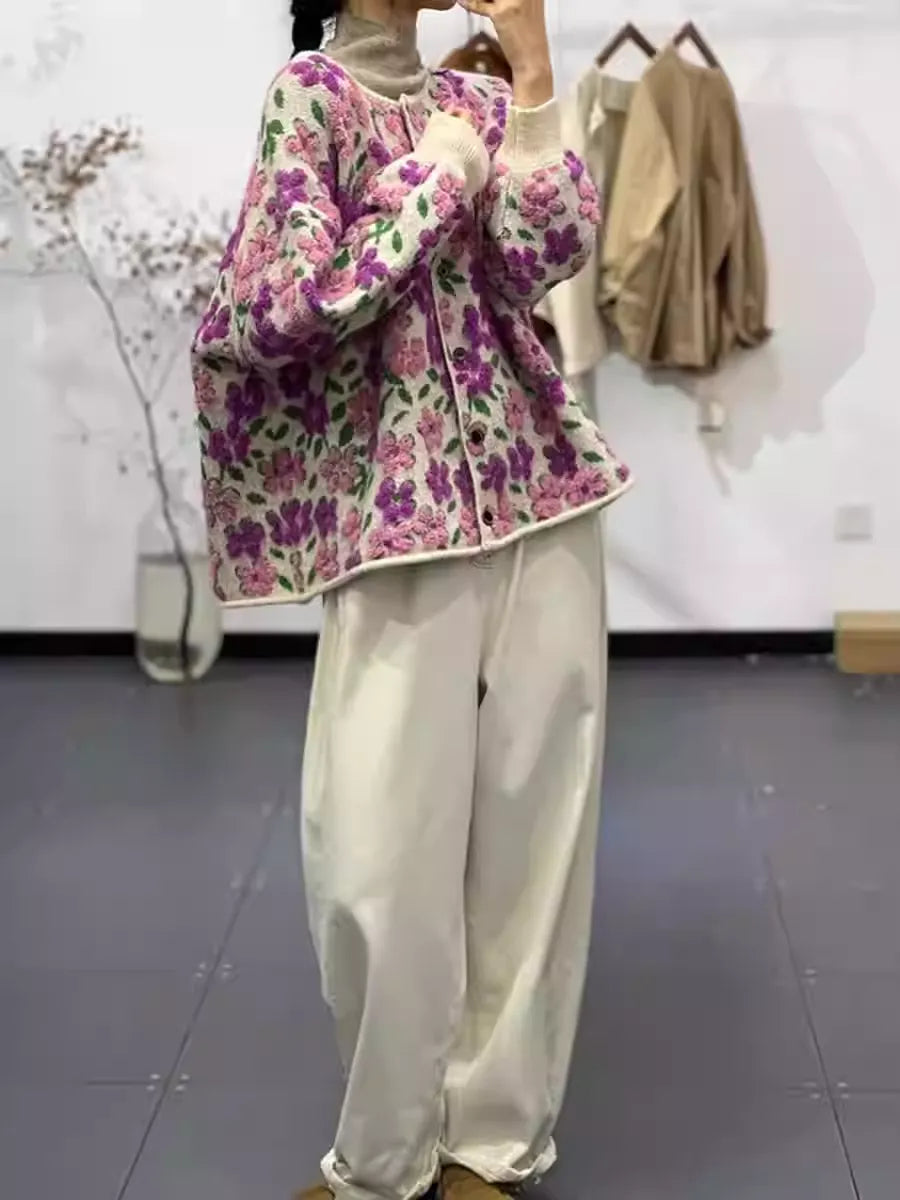 Luxury Slouchy Fair Isle Jacquard Round Neck Plus Size Cardigan Coat