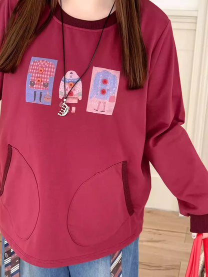 Plus Size Red Crew Neck Print Sweatshirt, 2026 Spring Pocket Top