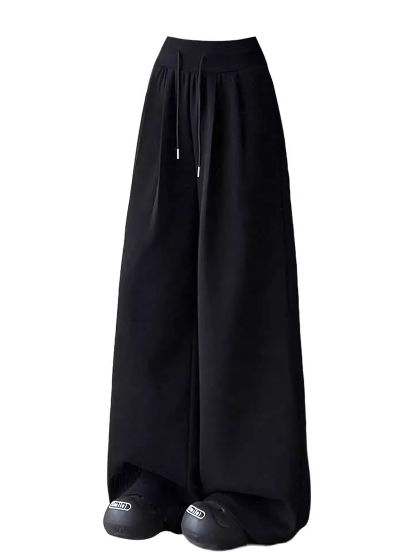 Plus Size Black Draped Loose Wide Leg Sweatpants, Casual & Slimming