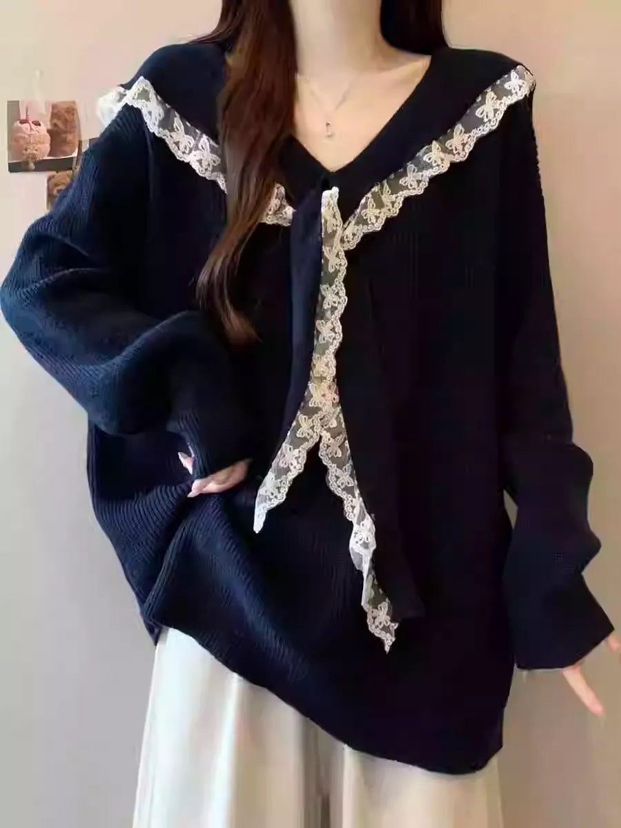 New Sweet Youthful Lace Patchwork Sailor Collar Sweater
