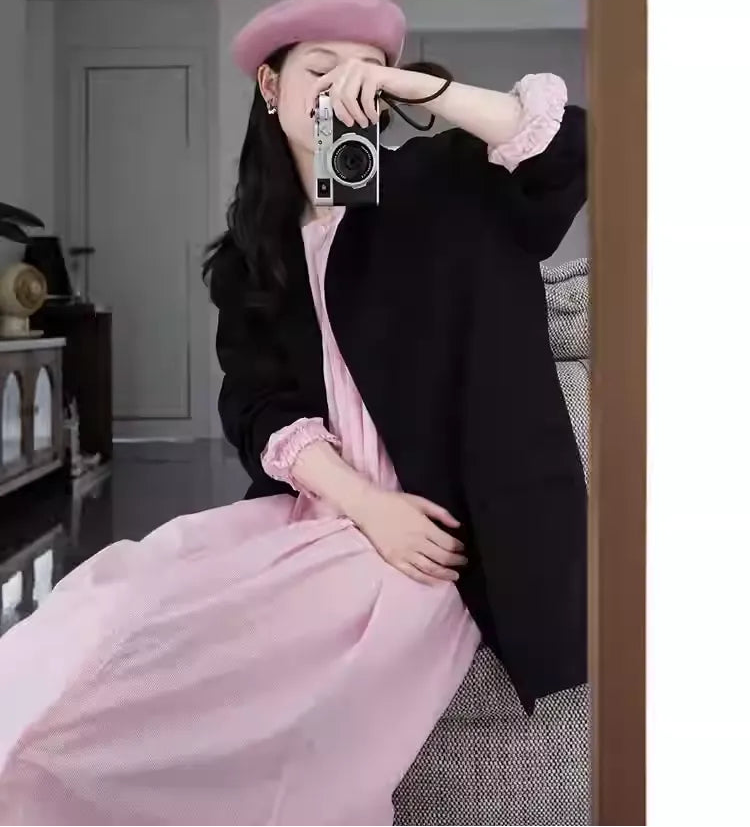 Pink Fine Stripe Puff Sleeve Elegant Maxi Dress