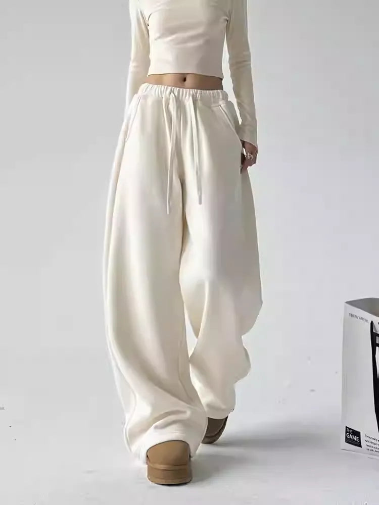 Fall Winter Fleece Wide-Leg Pants  Loose-Fit Casual Figure-Flattering Straight-Leg Trousers