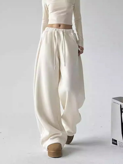 Fall Winter Fleece Wide-Leg Pants  Loose-Fit Casual Figure-Flattering Straight-Leg Trousers