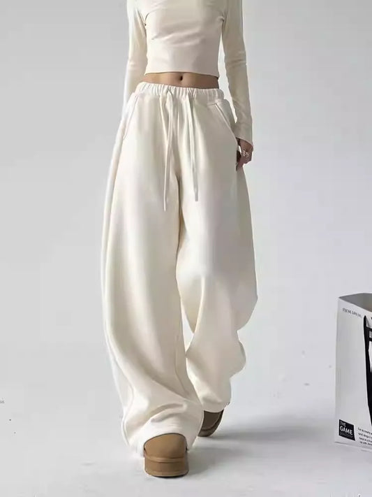 Fall Winter Fleece Wide-Leg Pants  Loose-Fit Casual Figure-Flattering Straight-Leg Trousers