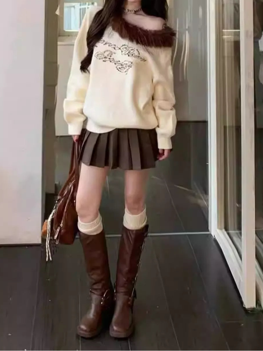 Shoulder Top & Pleated Skirt Two-Piece