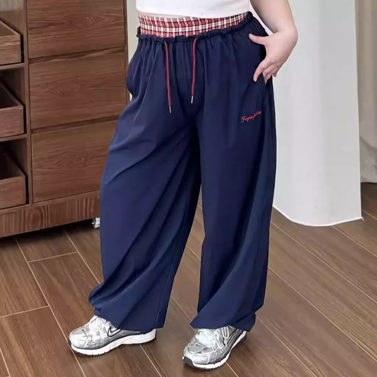 Plus Size Plaid Waist Patch High Waist Wide Leg Embroidery Casual Pants