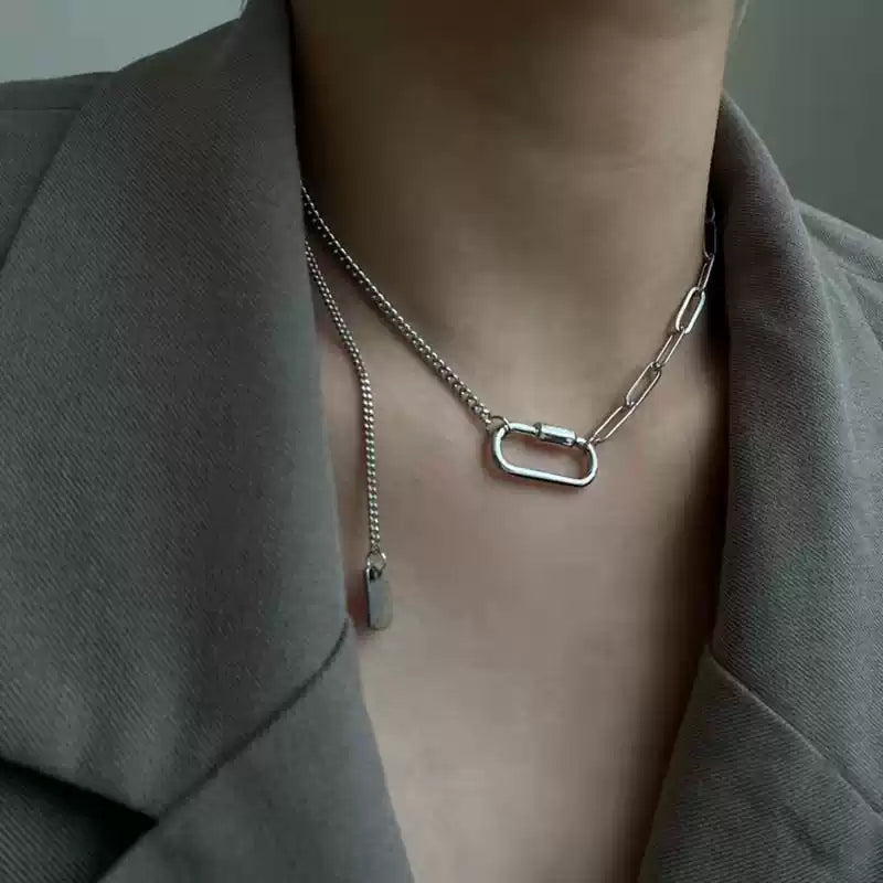 Minimalist Geometric Fringe Carabiner Necklace, Versatile Daily Wear Neckpiece