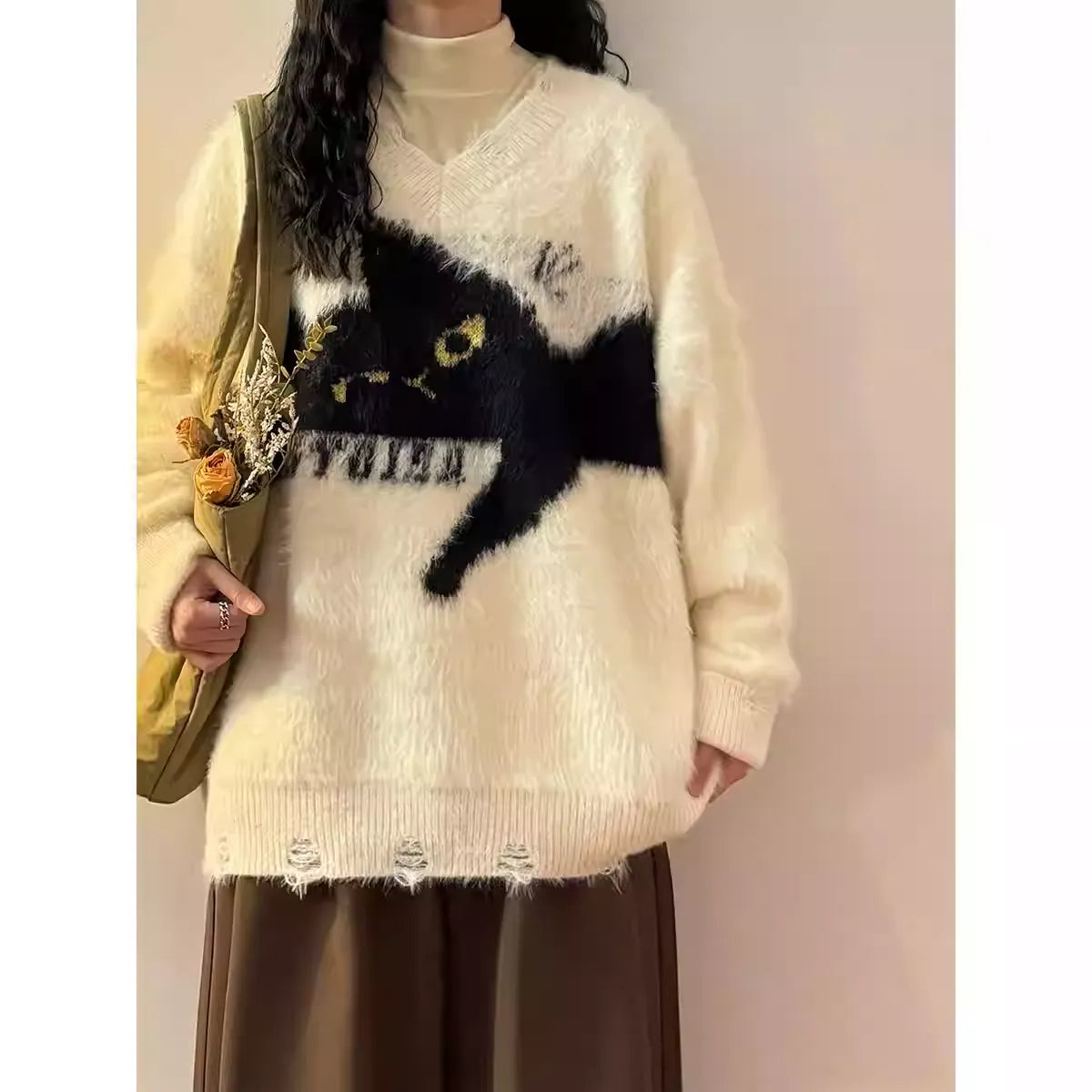 Mohair Soft & Lazy Vibe Sweater - American Cat Embroidery