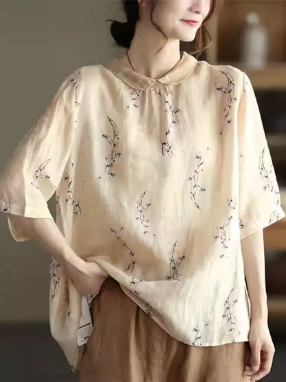 Ditsy Floral Ramie Cotton Linen Short Sleeve Casual Shirt