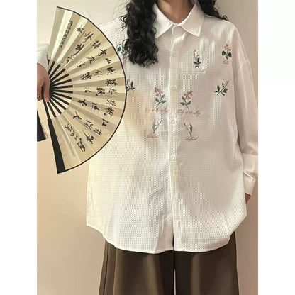 Lazy Texture Waffle Grid Embroidered Shirt - Versatile