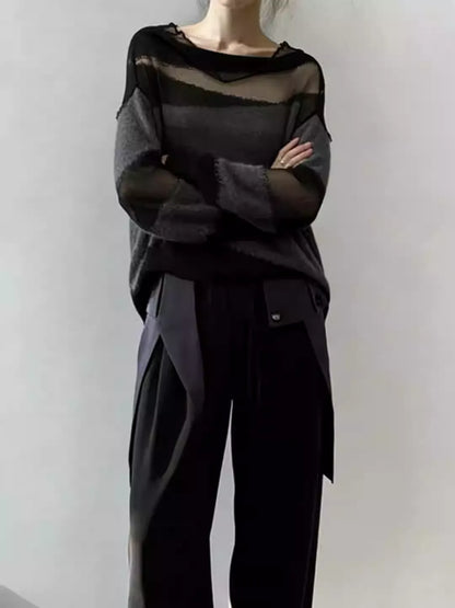 New Arrival Women's Mesh Sheer Hollow Out Patchwork Knit Sweater