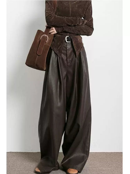 Women's Vintage Maillard Brown Pleated Wide-Leg Casual Pants