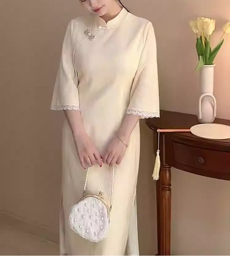 Plus Size Cream Yellow Lace Flared-Sleeve Retro Chinese Qipao