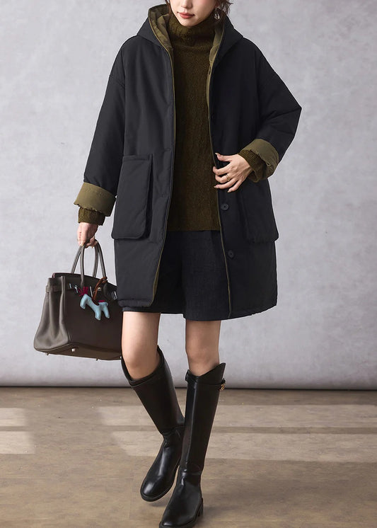 Organic Black Oversized Wear On Both Sides Fine Cotton Filled Hoodie Coat Winter