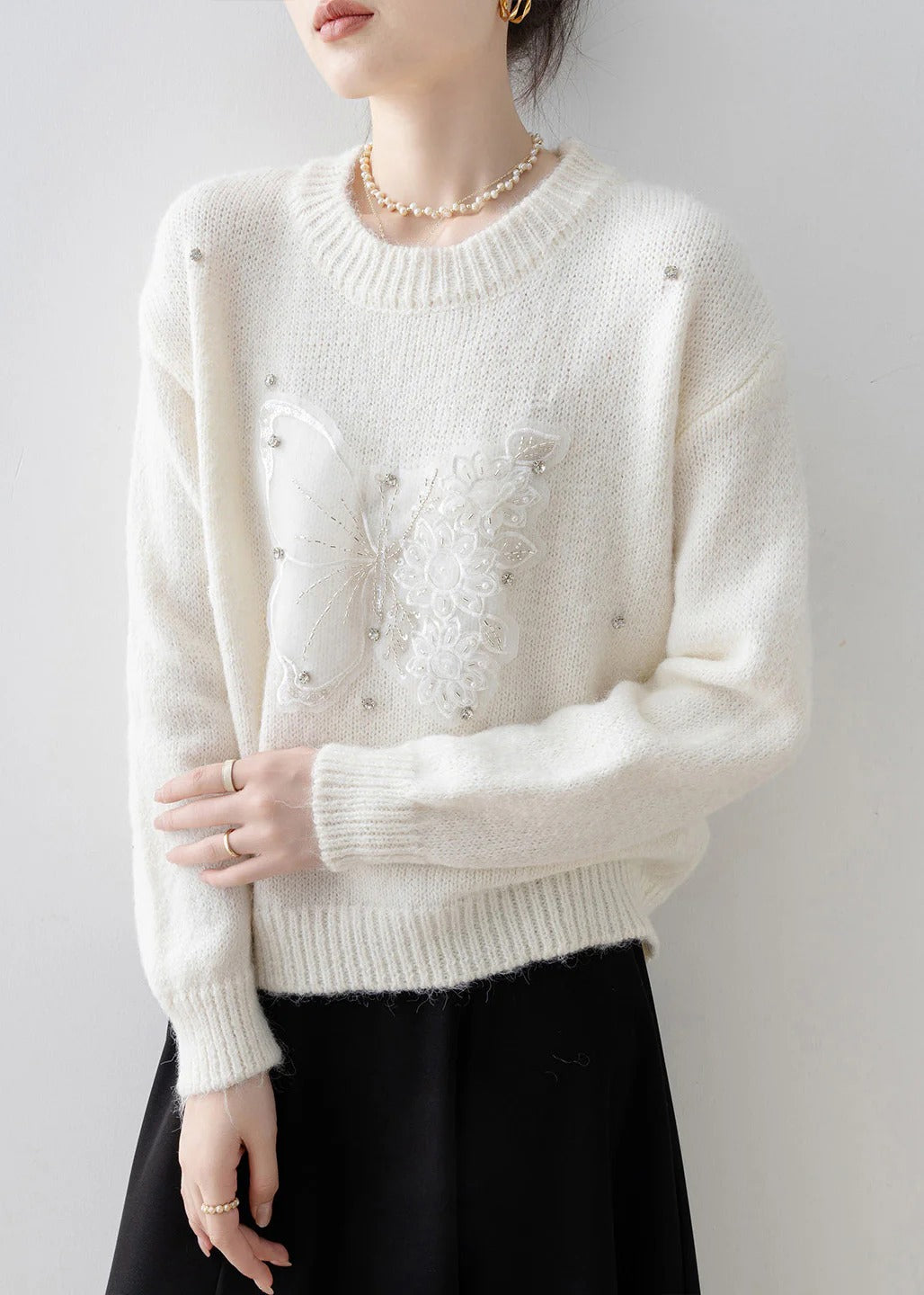 Women White O Neck Butterfly Zircon Knit Sweater Tops Spring