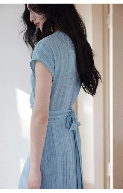 Elegant Light Blue V Neck Wrap Ruched Waist Short Sleeve Midi Dress