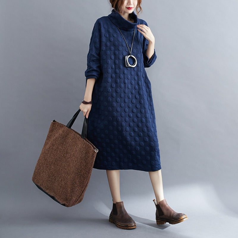 Plus Size Polka Dot Turtleneck Maxi Dress Artistic Style