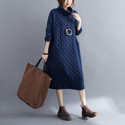 Plus Size Polka Dot Turtleneck Maxi Dress Artistic Style