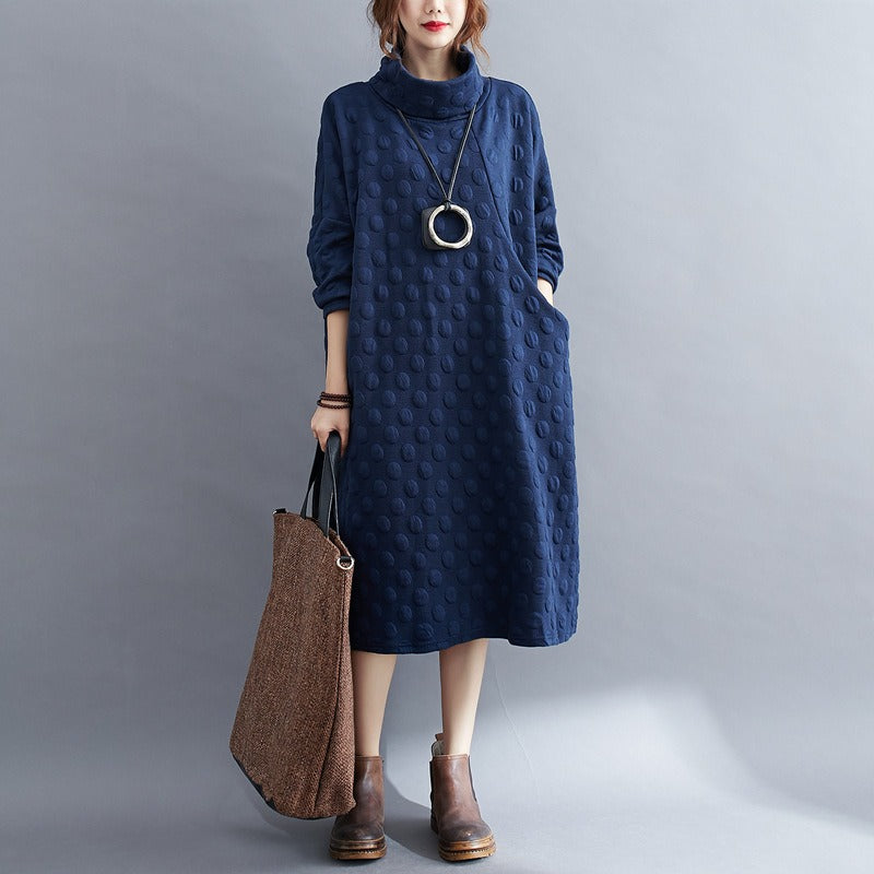 Plus Size Polka Dot Turtleneck Maxi Dress Artistic Style