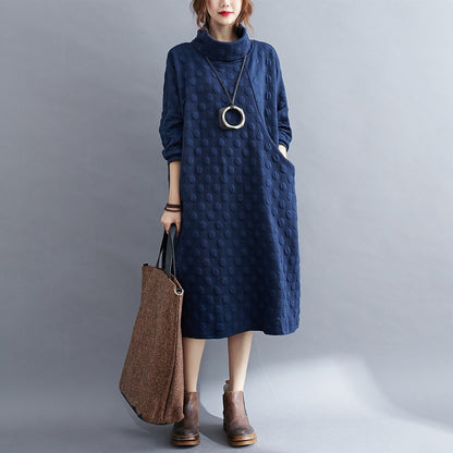 Plus Size Polka Dot Turtleneck Maxi Dress Artistic Style