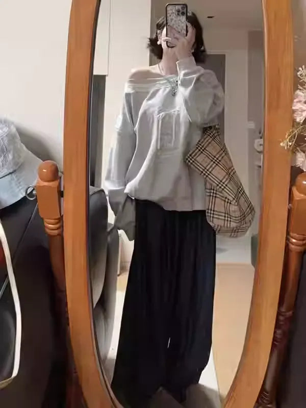 Asymmetrical Shoulder Lace Trim Sweatshirt