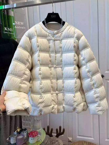 Elegant Pleated Down Coat with Frog Buttons