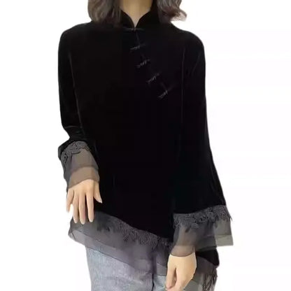 Exquisite Chinese Knot Button Spliced Black Velvet Long Sleeve Top