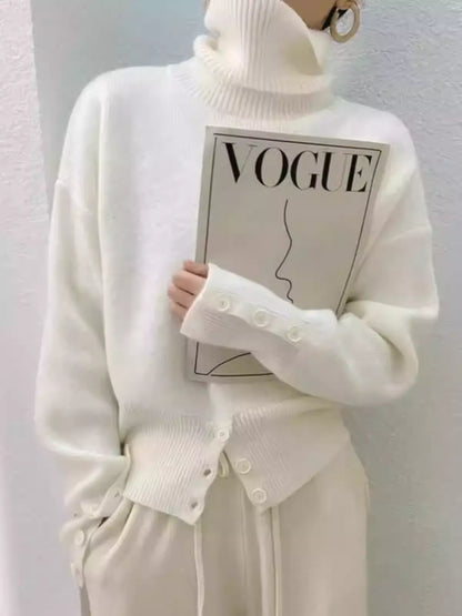 Women's Designer Button Slit Turtleneck Cashmere Sweater New Arrival