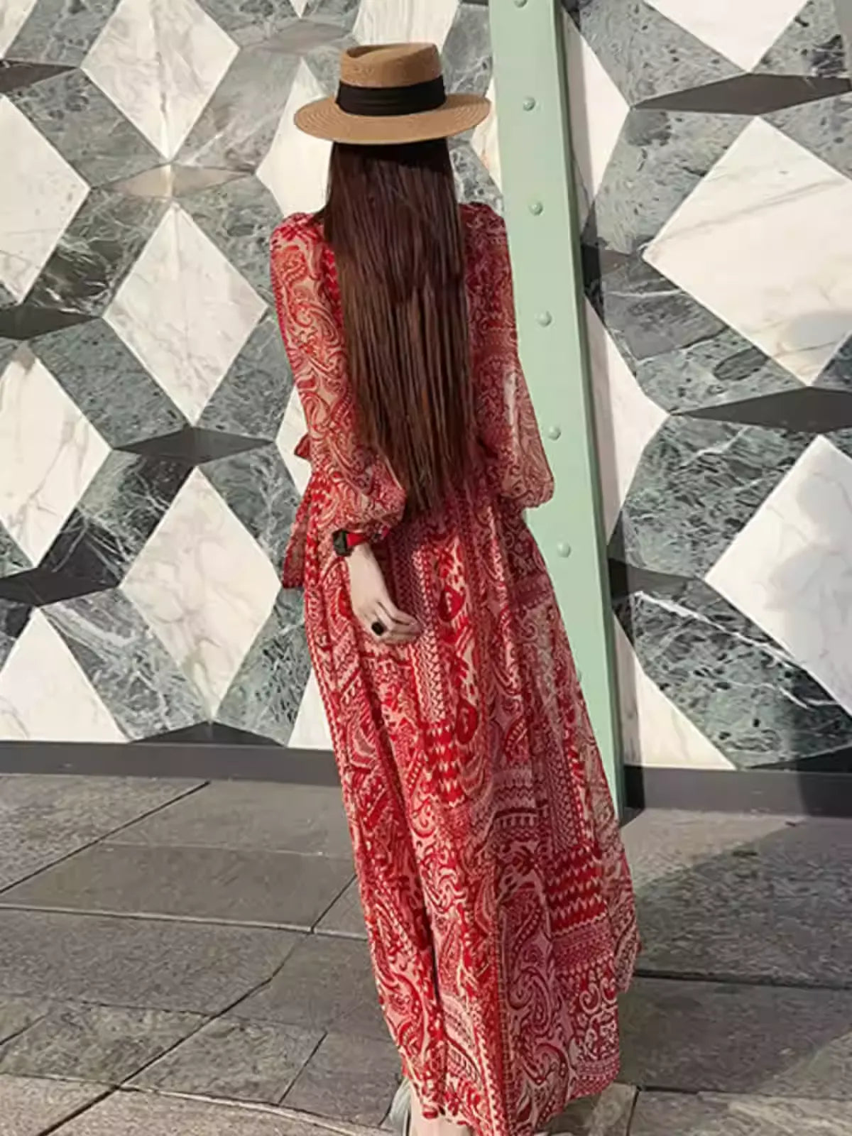 Plus Size V-Neck Wrap Tie Waist Slim Fit Dress