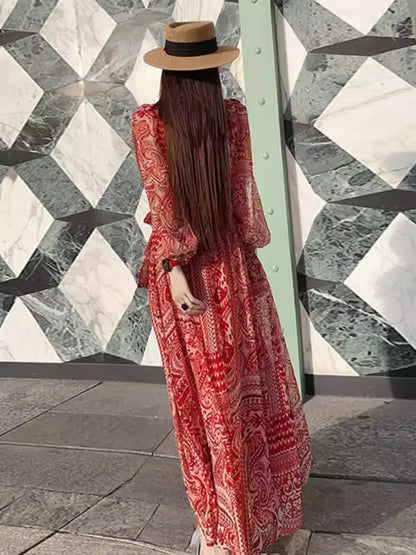 Plus Size V-Neck Wrap Tie Waist Slim Fit Dress