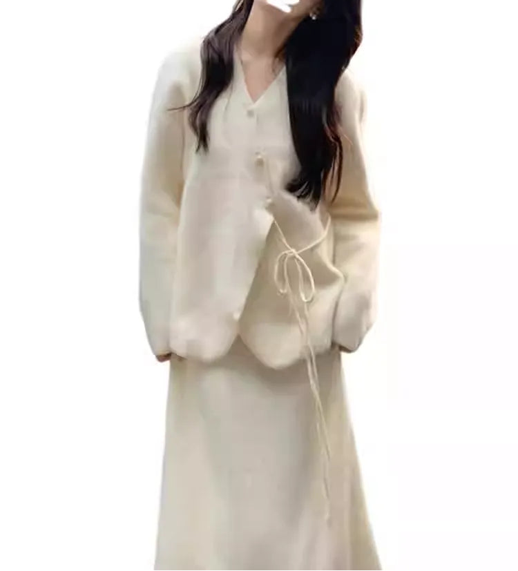 New Chinese style white sweater dress