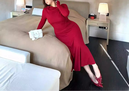 Plus Size Red Knit Long Sleeve Waist Maxi Dress