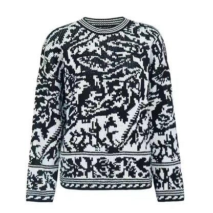 Chic Two-Tone Printed Jacquard Sweater Soft Textured Casual Knit Top