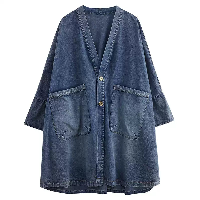 Women's Oversized Denim Trench Coat – V-Neck Design & Functional Pockets