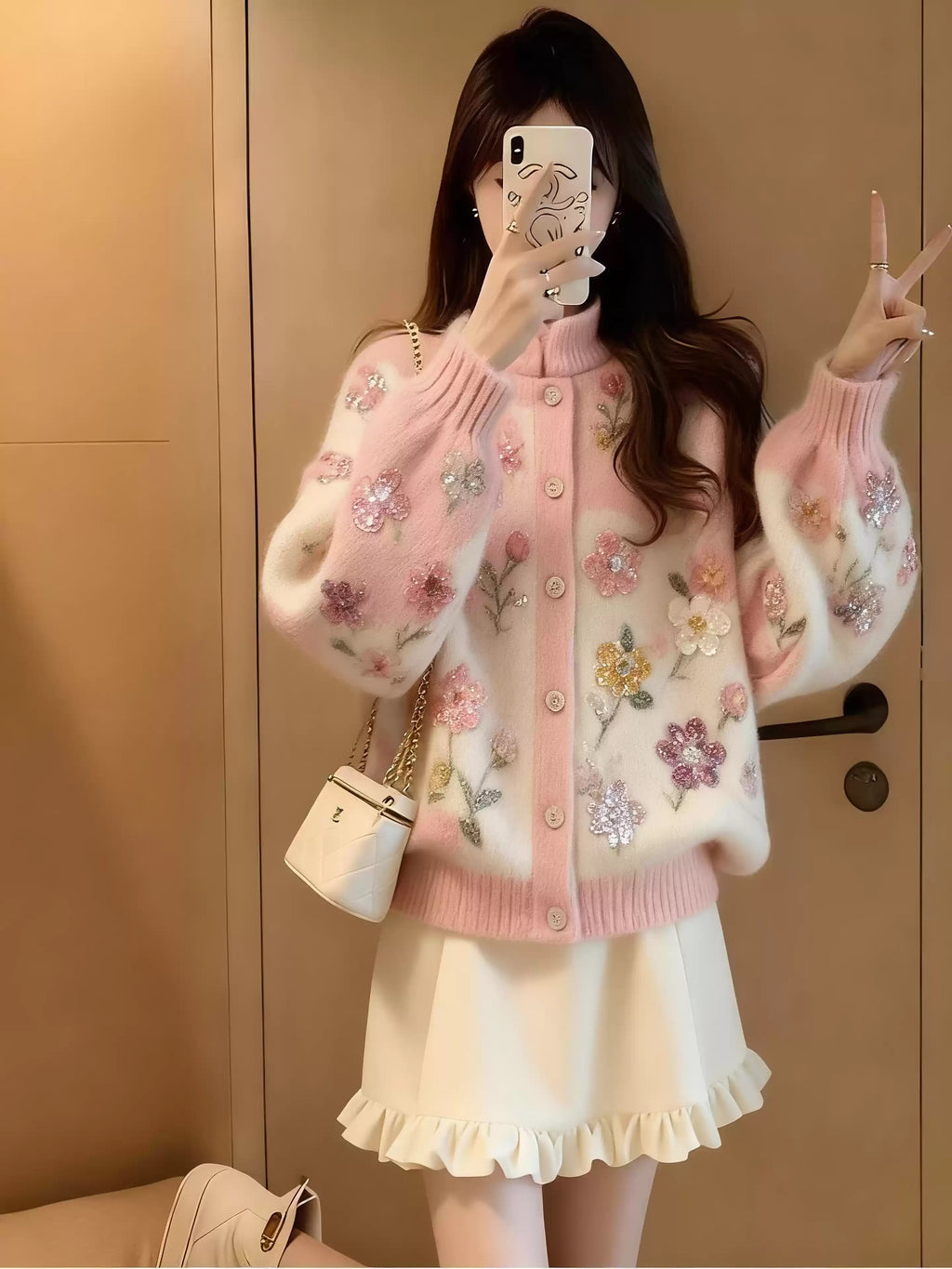 Floral print lamb wool cardigan pink two-piece set