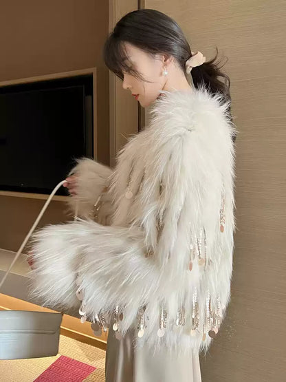 Luxury Fox Fur Coat with Tassel Trim - Winter Warm Outerwear