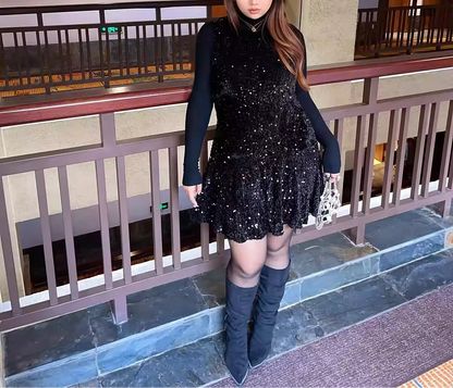 Plus Size Black Sequin Sleeveless Loose Dress, Tummy Hiding